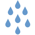 Seven white water droplets are evenly spaced on a light gray background, arranged in a pattern similar to the number six on a die, with an extra droplet at the top.