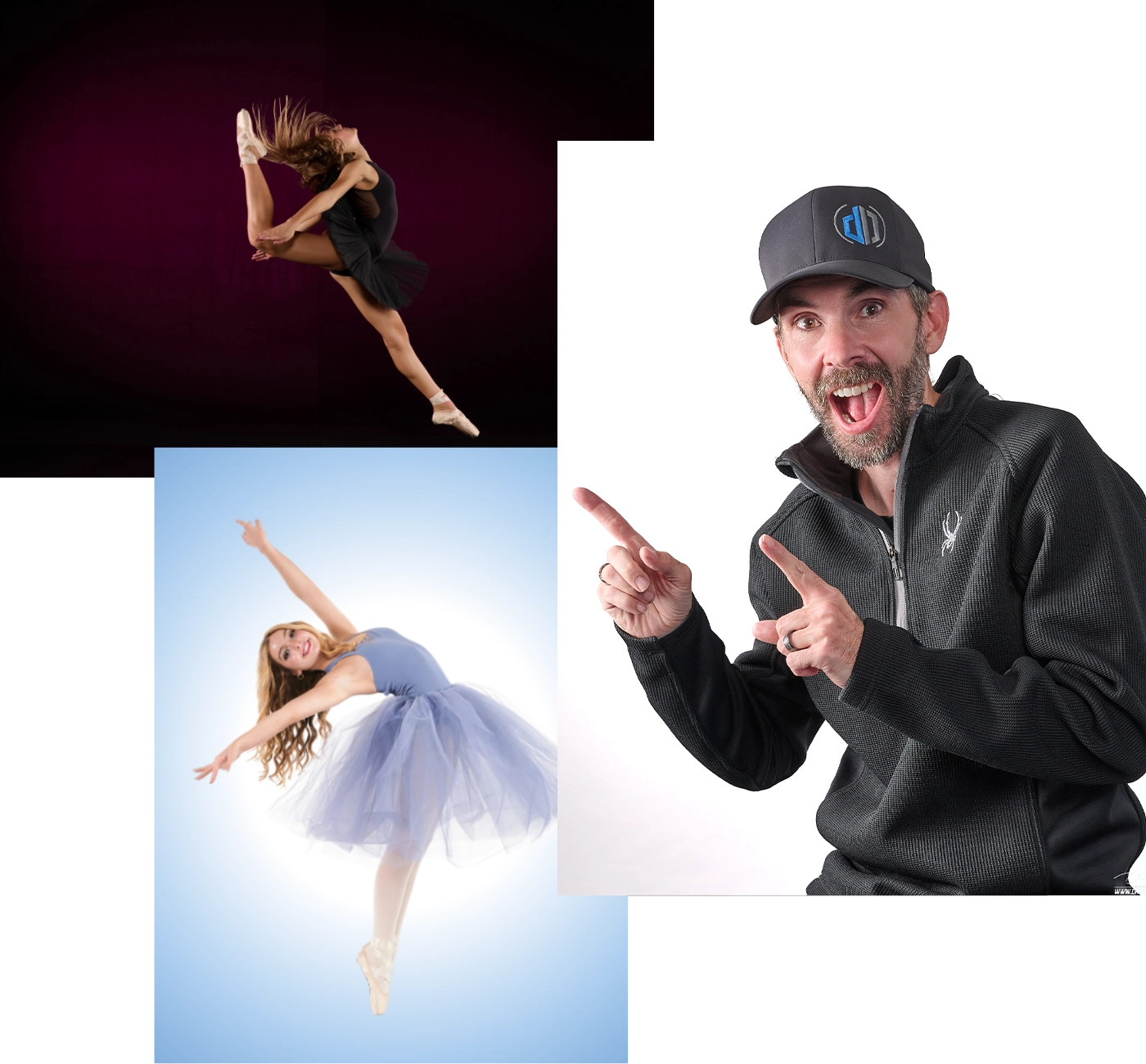 A ballerina in a black dress leaps against a dark background, another in blue poses mid-air, and a man in a black jacket and cap smiles and points enthusiastically at the camera.